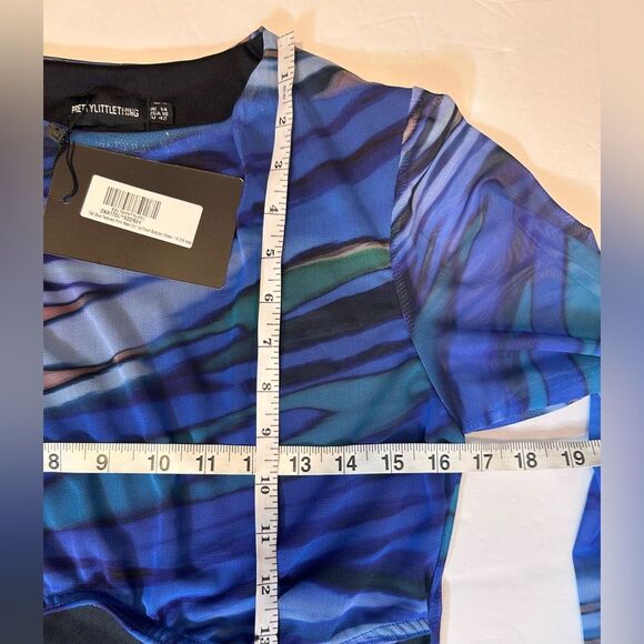 NWT PrettyLittleThing Tall BlueTextured Print Mesh CutOut Front Bodycon Dress 10 - Picture 7 of 16